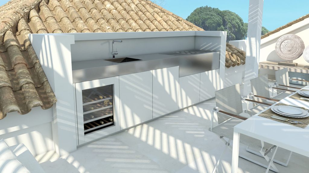 white outdoor kitchen on terrace