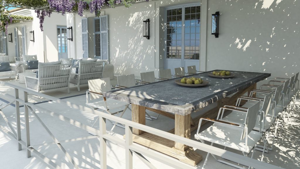 outdoor kitchen with table and chairs