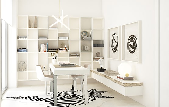 White office with table and shelves.