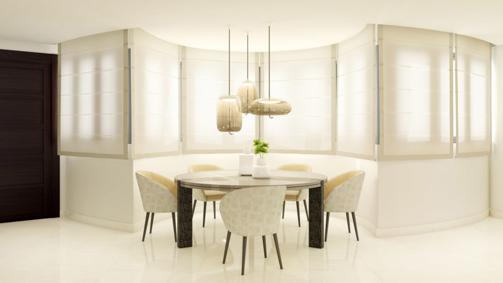 Minimalist style white dining room with a round table, chairs and lamp