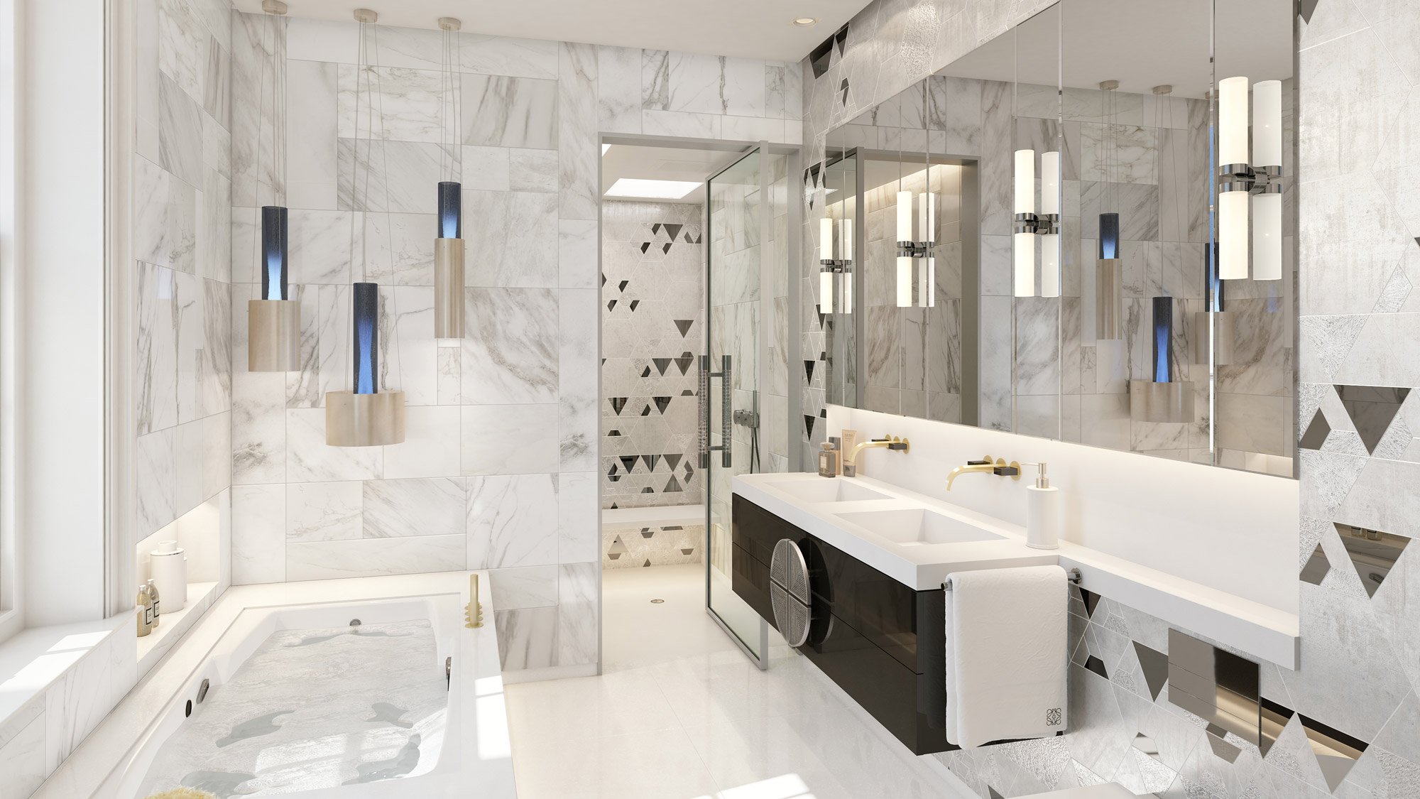 wide mirror on the wall of a marble bathroom