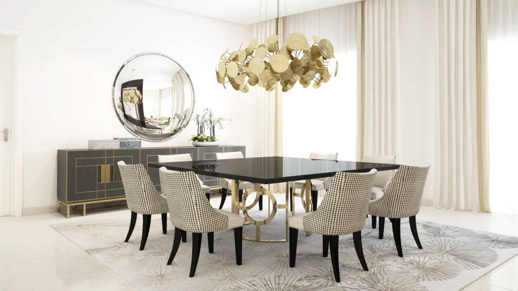 dining room with round mirror in front of a table