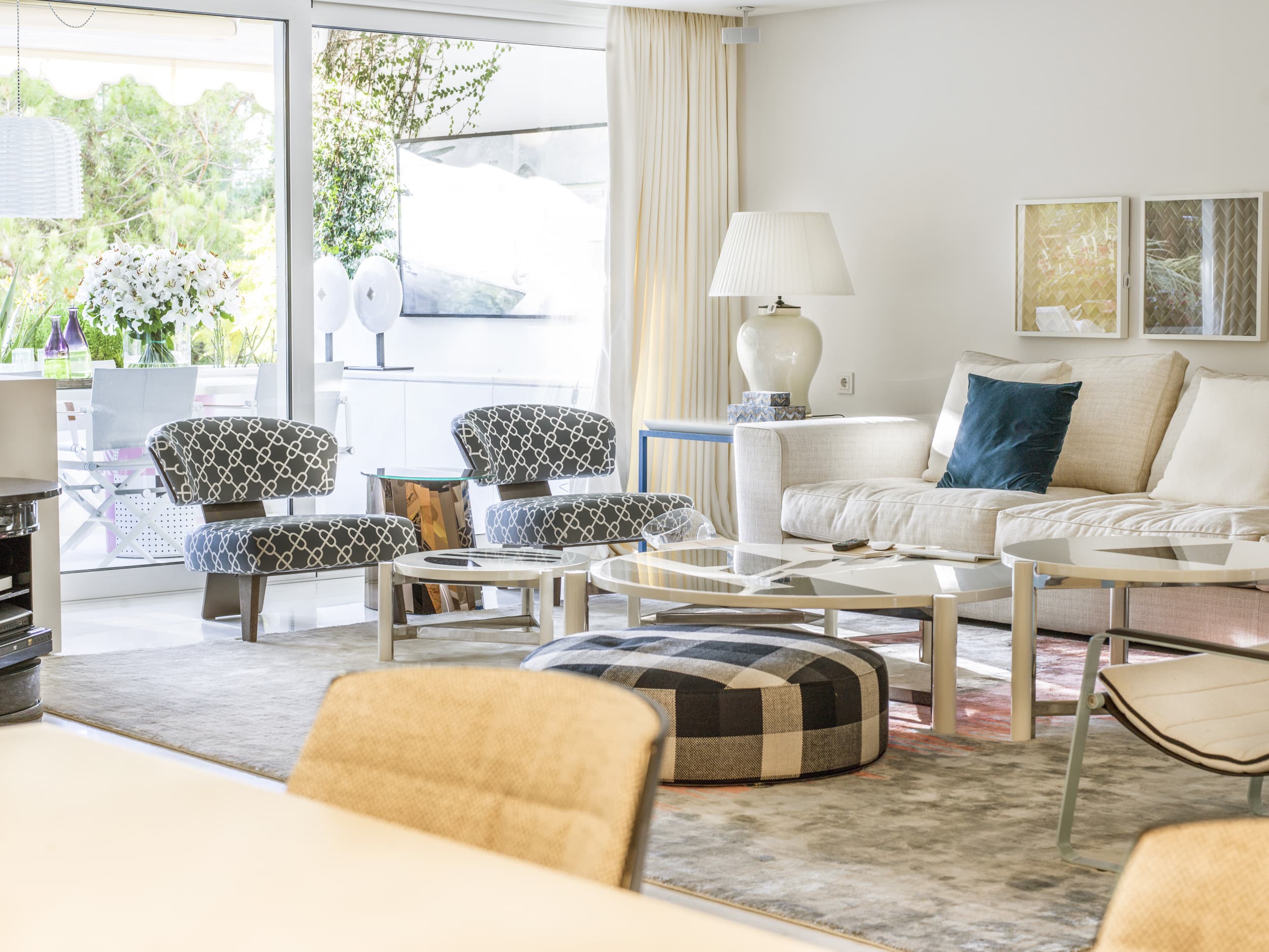 living room with large gray short pile rug