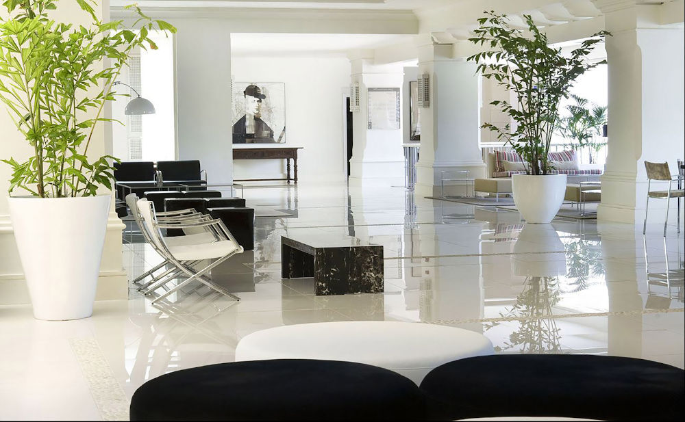 Japandi style room with white background, black elements and some plants.